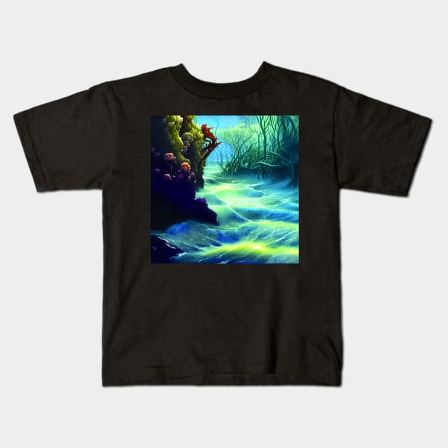 Mythical Plants in a Rough Sea with Big Waves, Scenery Nature Kids T-Shirt by Promen Art